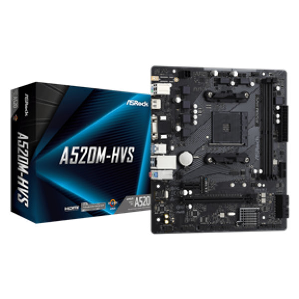 ASROCK MB A520M-HVS, SOCKET AMD AM4, CS AMD A520, 2 DIMM SOCKETS DDR4, DSUB/HDMI, PCI-E GEN 3.0, LAN GIGABIT, MICRO-ATX, 2YW.