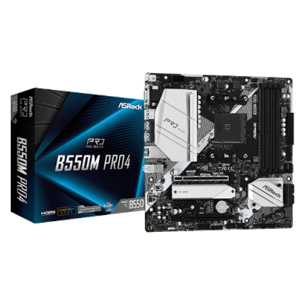 ASROCK MB B550M PRO4, SOCKET AMD AM4, CS AMD B550, 4 DIMM SOCKETS DDR4, D-SUB/DISPLAY PORT/HDMI, PCI-E GEN 4.0, LAN GIGABIT, MICRO-ATX, 2YW.