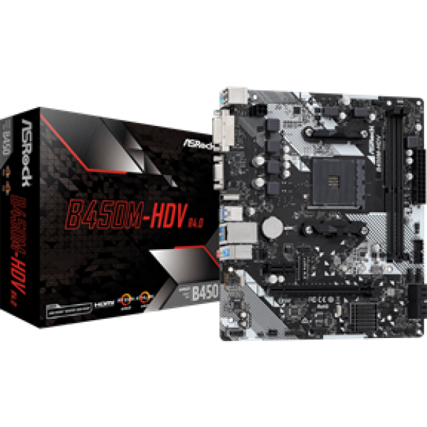 ASROCK MB B450M-HDV R4.0, SOCKET AMD AM4, CS AMD B450, 2 DIMM SOCKETS DDR4, D-SUB/DVI-D/HDMI, PCI-E GEN 3.0, GIGABIT LAN, MICRO-ATX, 2YW.