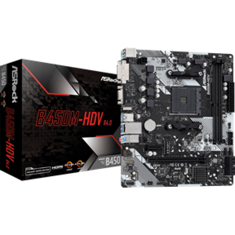 ASROCK MB B450M-HDV R4.0, SOCKET AMD AM4, CS AMD B450, 2 DIMM SOCKETS DDR4, D-SUB/DVI-D/HDMI, PCI-E GEN 3.0, GIGABIT LAN, MICRO-ATX, 2YW.