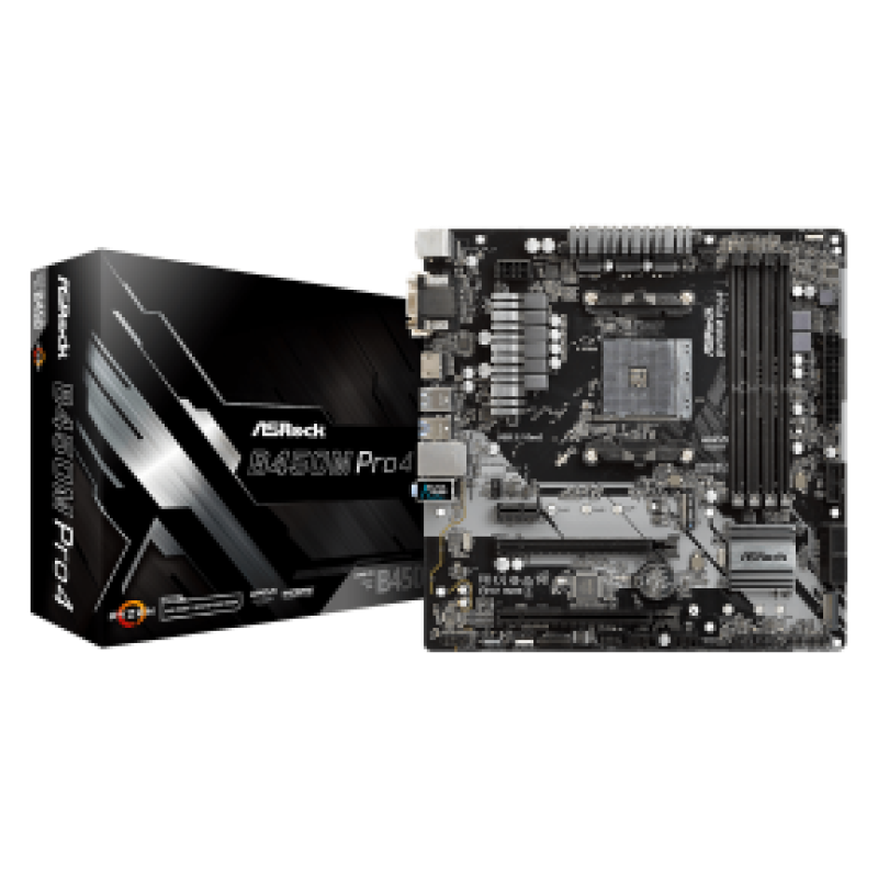 ASROCK MB B450M PRO4 R2.0, SOCKET AMD AM4, CS AMD B450, 4 DIMM SOCKETS DDR4, D-SUB/DVI-D/HDMI, PCI-E GEN 3.0, LAN GIGABIT, MICRO-ATX, 2YW.