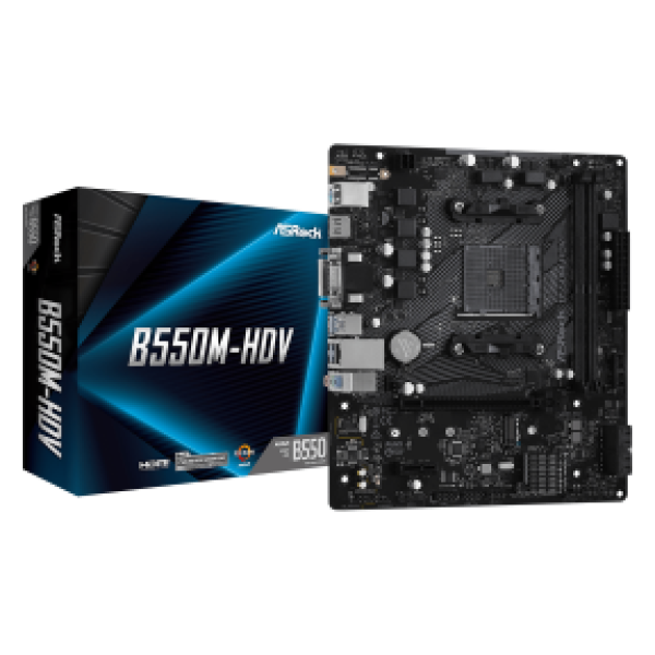 ASROCK MB B550M-HDV, SOCKET AMD AM4, CS AMD B550, 2 DIMM SOCKETS DDR4, D-SUB/DVI-D/HDMI, PCI-E GEN 4.0, LAN GIGABIT, MICRO-ATX, 2YW.