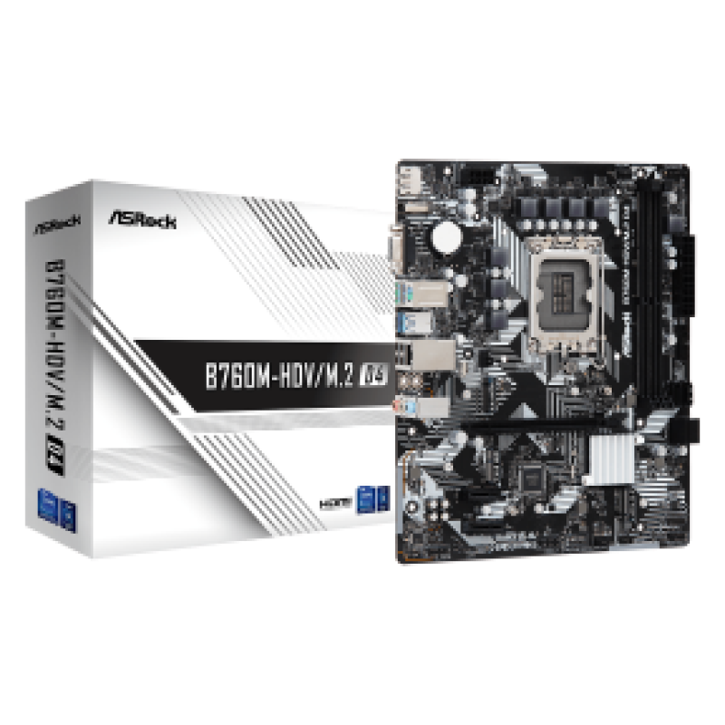 ASROCK MB B760M-HDV/M.2. D4, SOCKET INTEL LGA1700 14th/13th/12th GEN INTEL CPU, CS INTEL B760, 2 DIMM SOCKET DDR4, HDMI/DP/D-SUB, PCI-E GEN 4.0, GIGABIT LAN, MICRO-ATX, 3YW.
