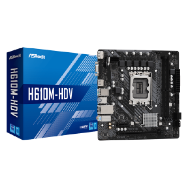 ASROCK MB H610M-HDV/M.2 R2.0, SOCKET INTEL LGA1700 14th/13th/12th GEN, CS INTEL H610, 2 DIMM SOCKETS DDR4, D-SUB/DP/HDMI, PCI-E GEN 3.0, LAN GIGABIT, MICRO-ATX, 3YW.