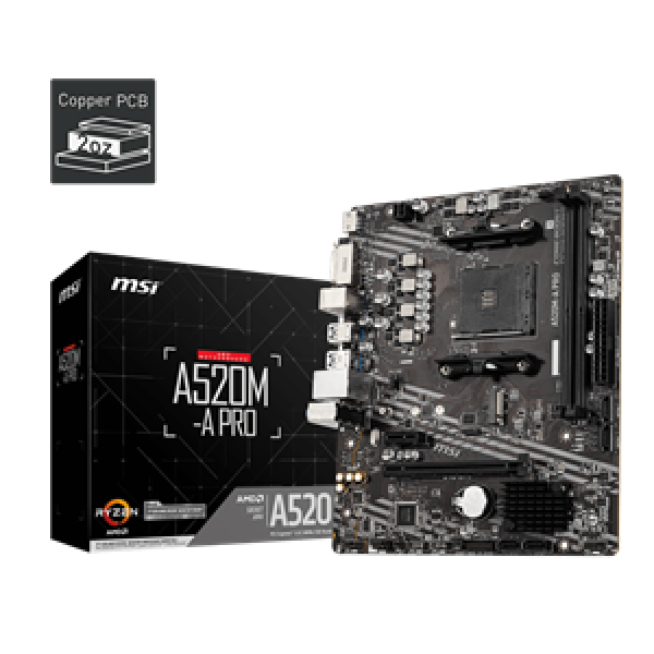 MSI MB A520M-A PRO, SOCKET AMD AM4, CS AMD A520, 2 DIMM SOCKETS DDR4, DVI-D/HDMI, PCI-E GEN 3.0, GIGABIT LAN, MICRO-ATX, 3YW.