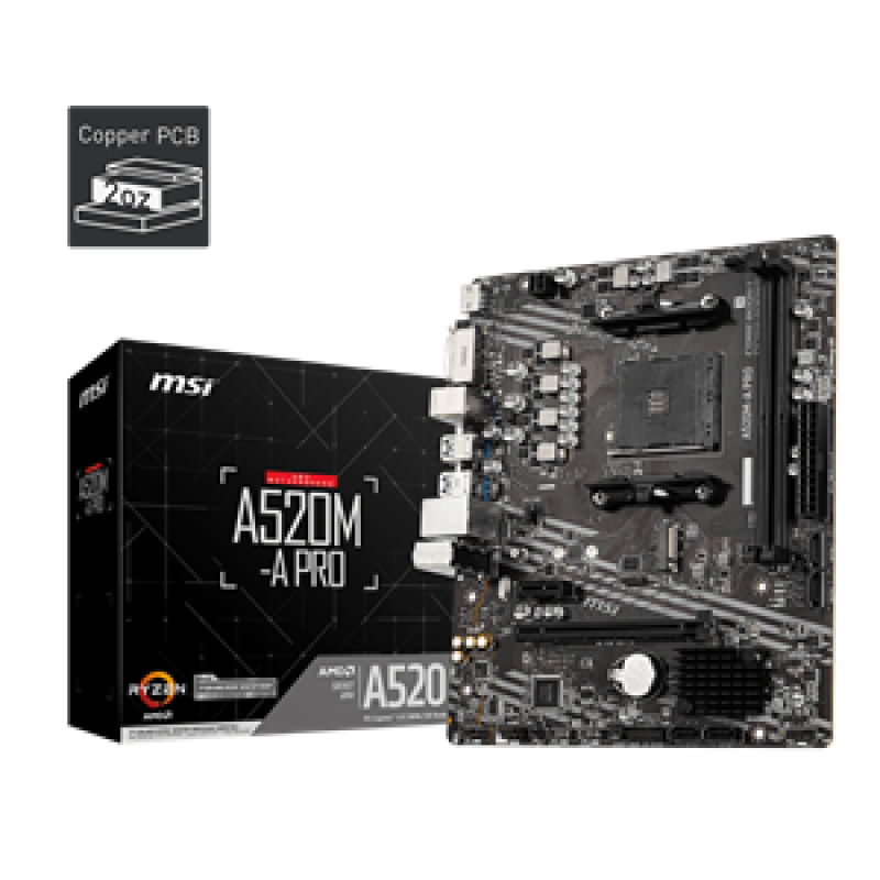 MSI MB A520M-A PRO, SOCKET AMD AM4, CS AMD A520, 2 DIMM SOCKETS DDR4, DVI-D/HDMI, PCI-E GEN 3.0, GIGABIT LAN, MICRO-ATX, 3YW.
