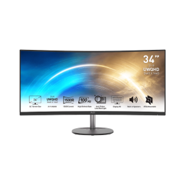 MSI MONITOR PRO MP341CQ, CURVED VA UWQHD, 34", 21:9, 300CD/M2, 3000:1, 1MS, 100Hz, 3440x1440, 2xHDMI/ DP/ HP OUT, 2x2W SPEAKERS, TILT, BLACK, 2YW